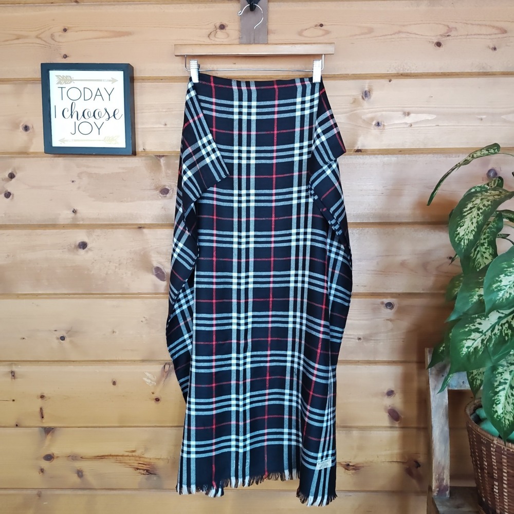 Burberry Nova Check Scarf Stole Muffler Black 100% Cashmere England Embroidered